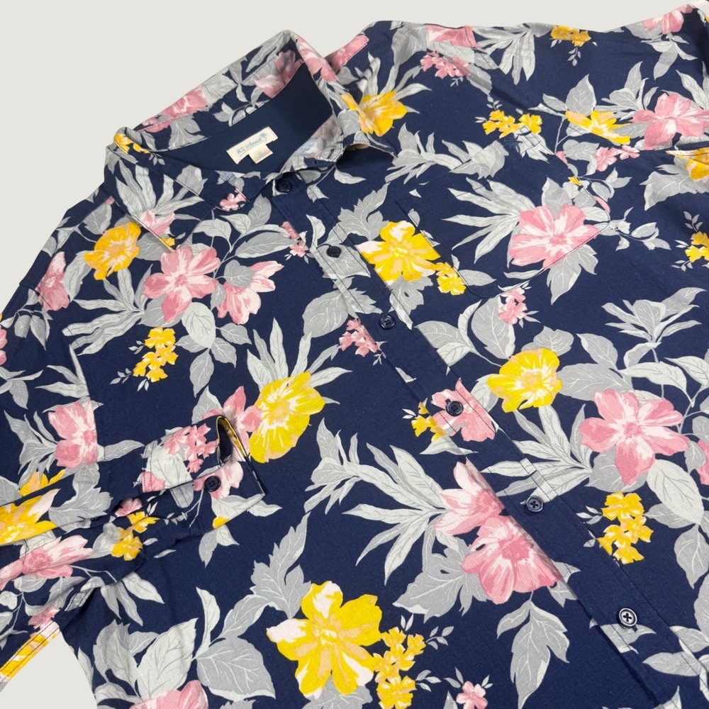 KS Island Button Down Shirt 3XL Big Navy Blue Floral‎ Linen Blend Long Sleeve